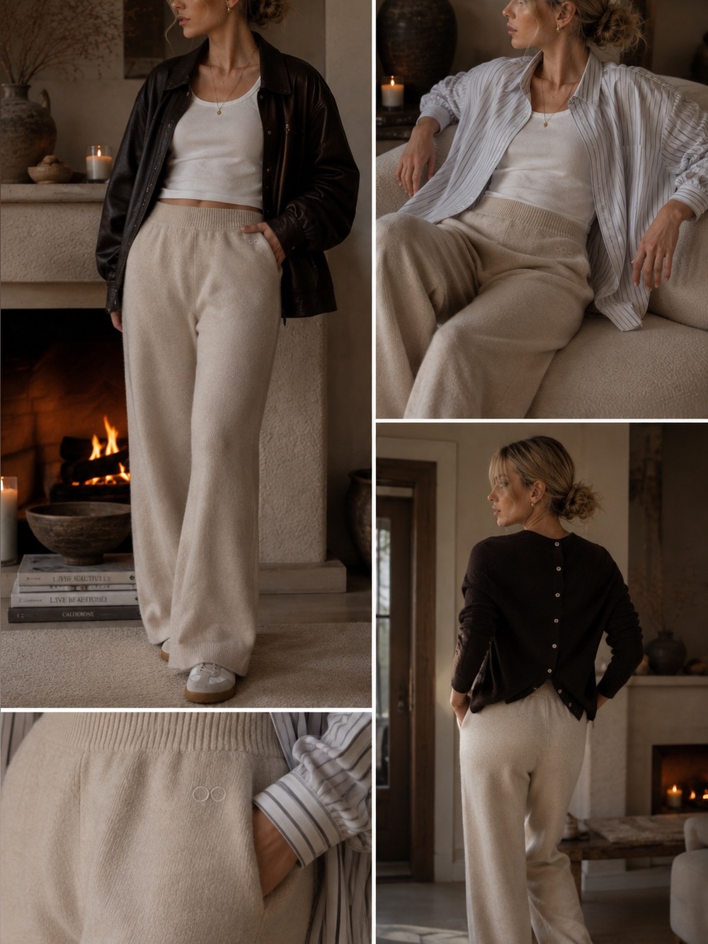 Escada Sport Merino Wool Angora Knit Wide Leg Pants Beige Oatmeal Size M